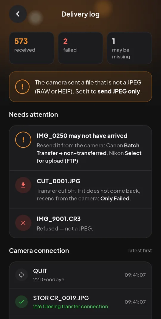 The SnapMila delivery log naming a missing file number and a refused RAW file