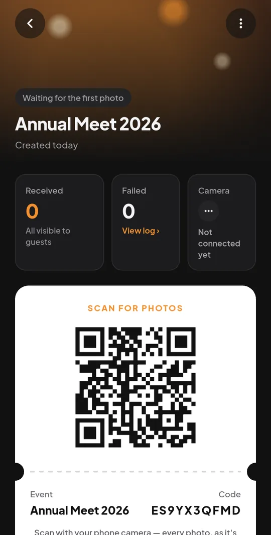 The SnapMila app showing a new event's QR ticket, ready before the first photo